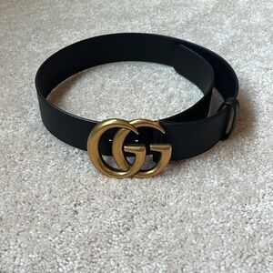 Gucci GG Marmont Wide Belt – Black Leather, Gold Buckle, Size 70